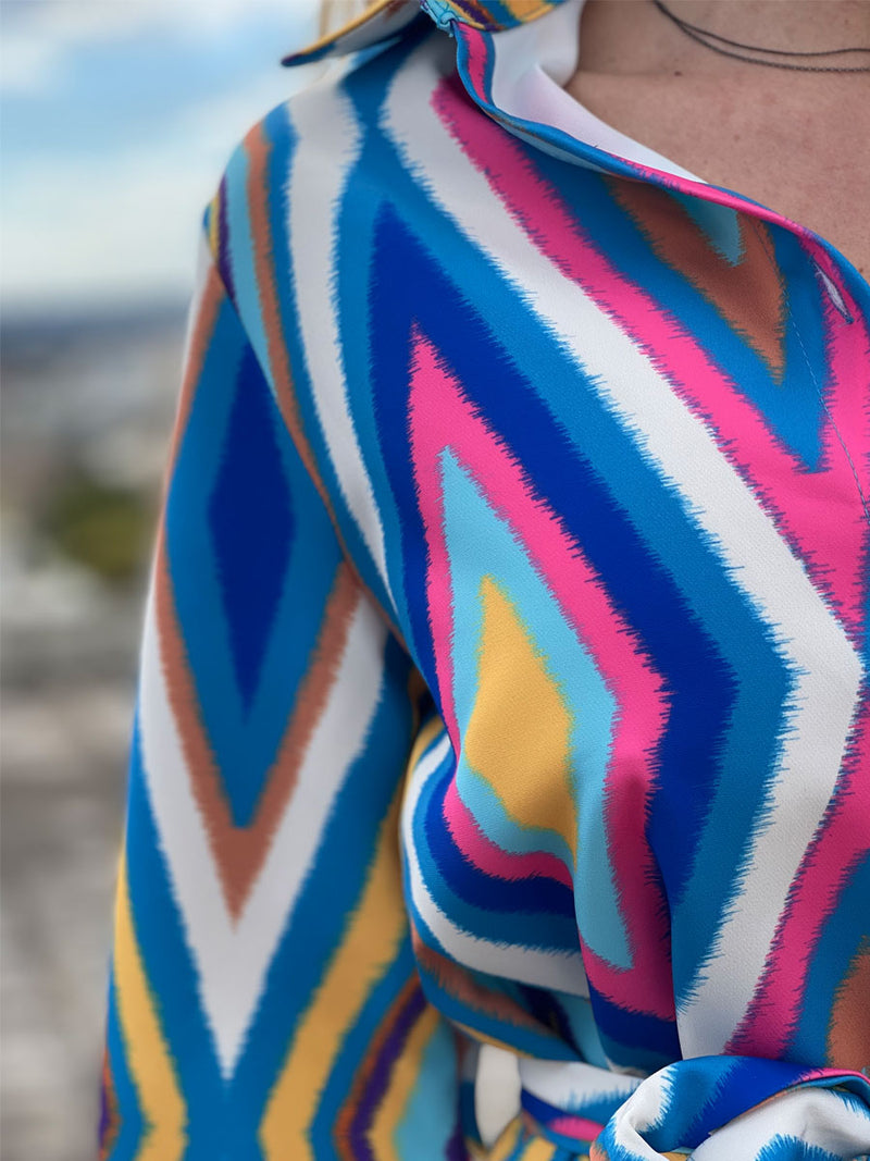 Maxi Φόρεμα Σεμιζιέ με Γεωμετρικό Multicolor Print Γαλάζιο