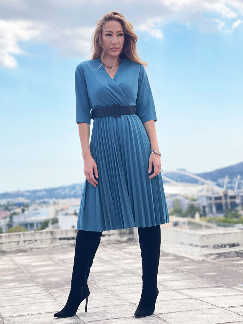 Φόρεμα Midi Πλισέ Πετρόλ