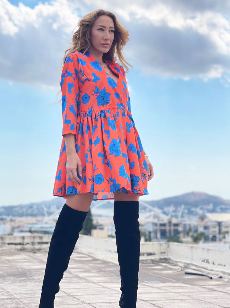 Φόρεμα- Κιμονό Σταυρωτό Πορτοκαλί-Μπλε Floral