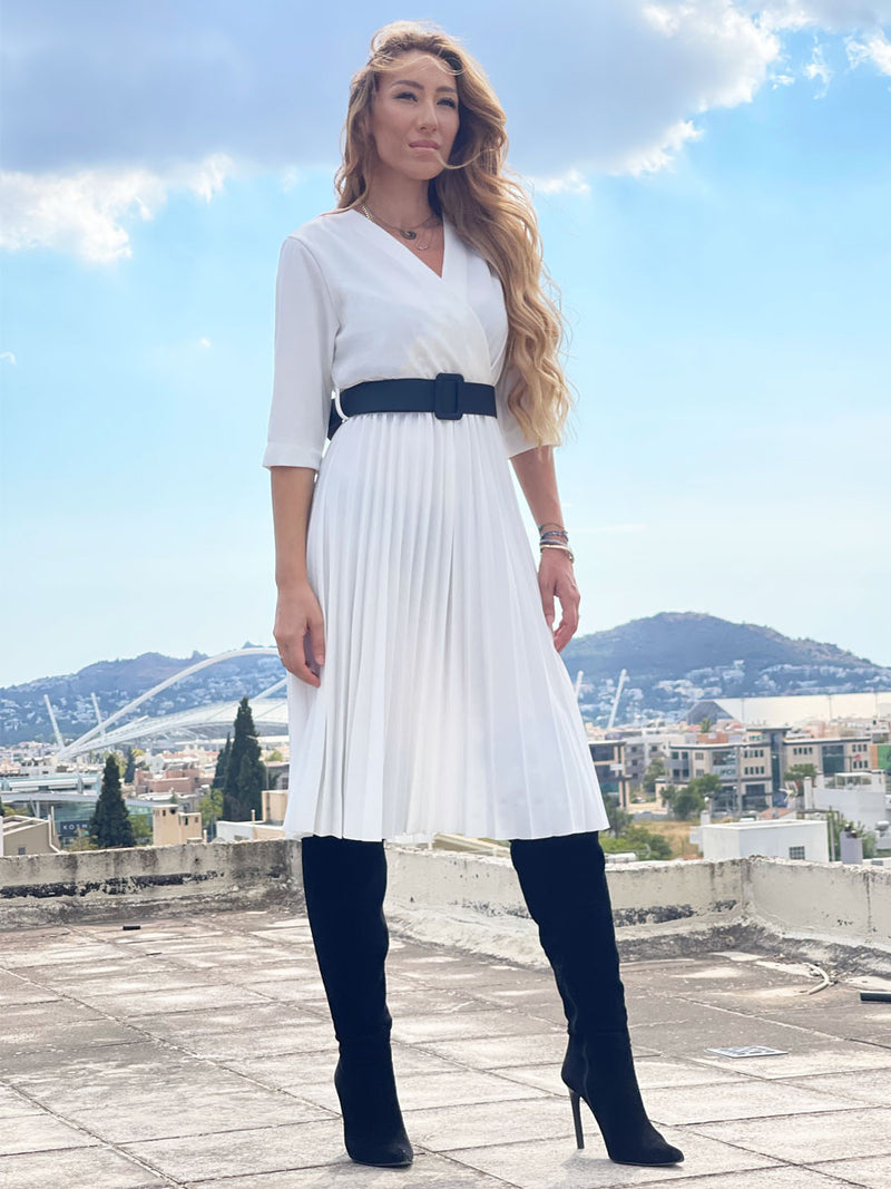 Φόρεμα Midi Πλισέ Λευκό