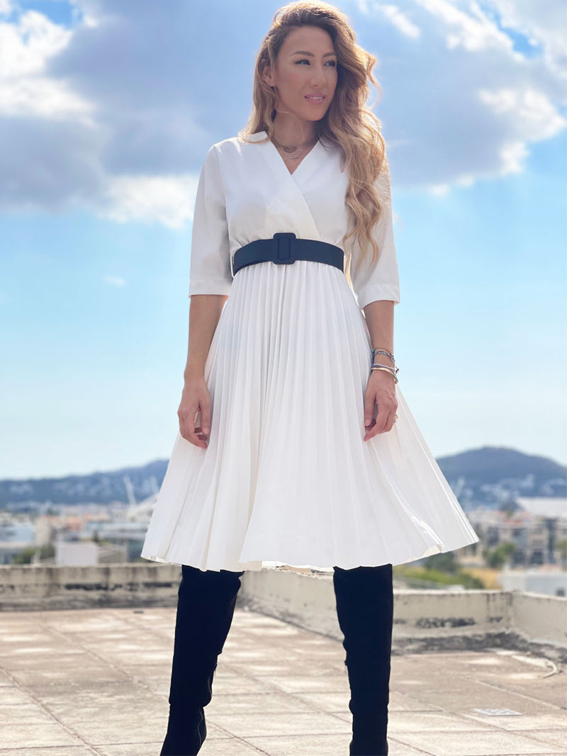Φόρεμα Midi Πλισέ Λευκό
