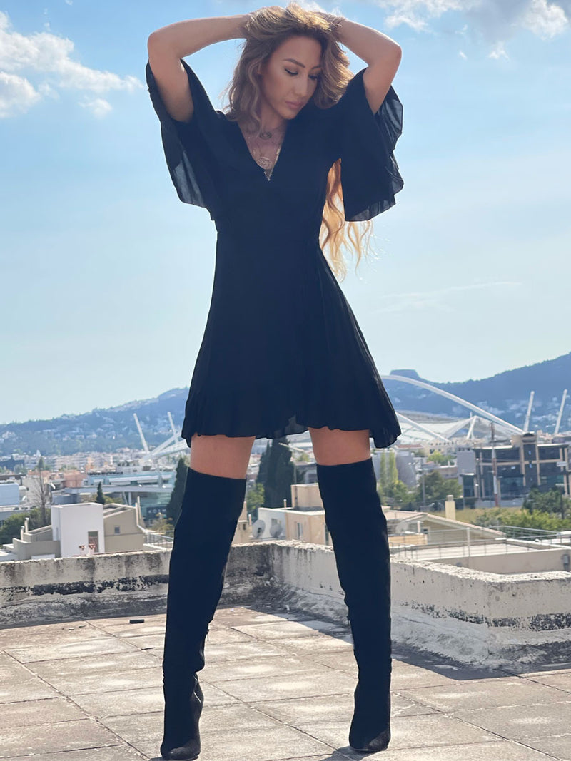 Φόρεμα Mini Gipsy Wrap Μαύρο με Βολαν