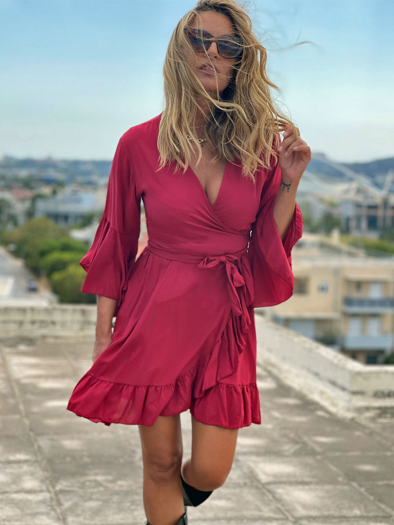 Φόρεμα Mini Gipsy Wrap Κόκκινο με Βολαν
