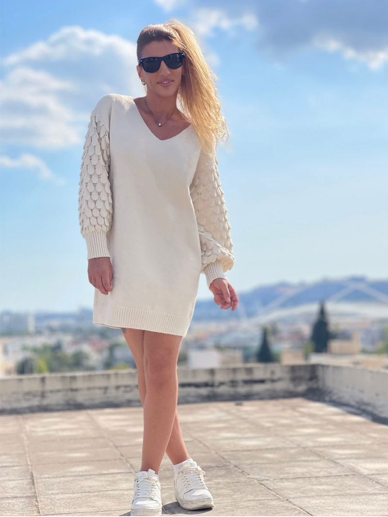 Φόρεμα Mini Πλεκτό Λευκό με Φουσκωτά Μανίκια Soft
