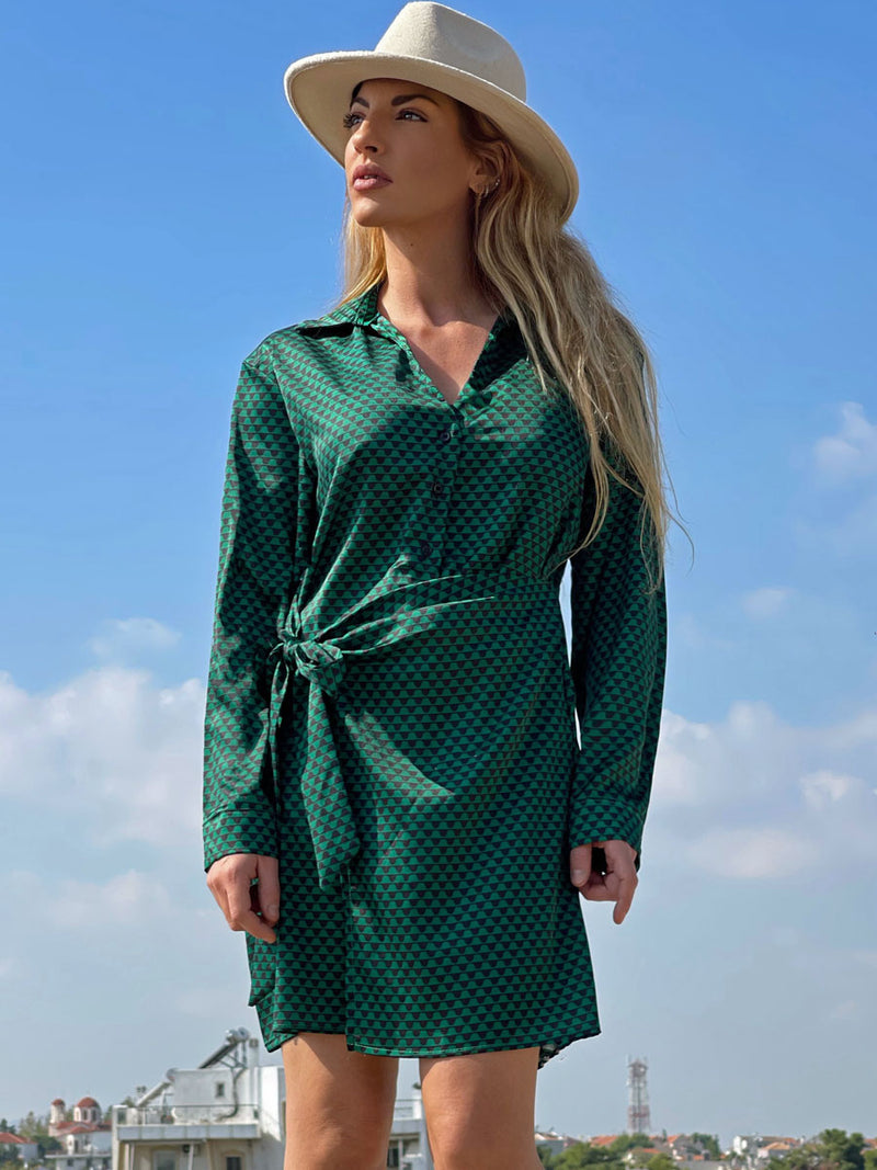 Μακρυμάνικο Γεωμετρικό Φόρεμα Σεμιζιέ Mini Πράσινο-Μαύρο