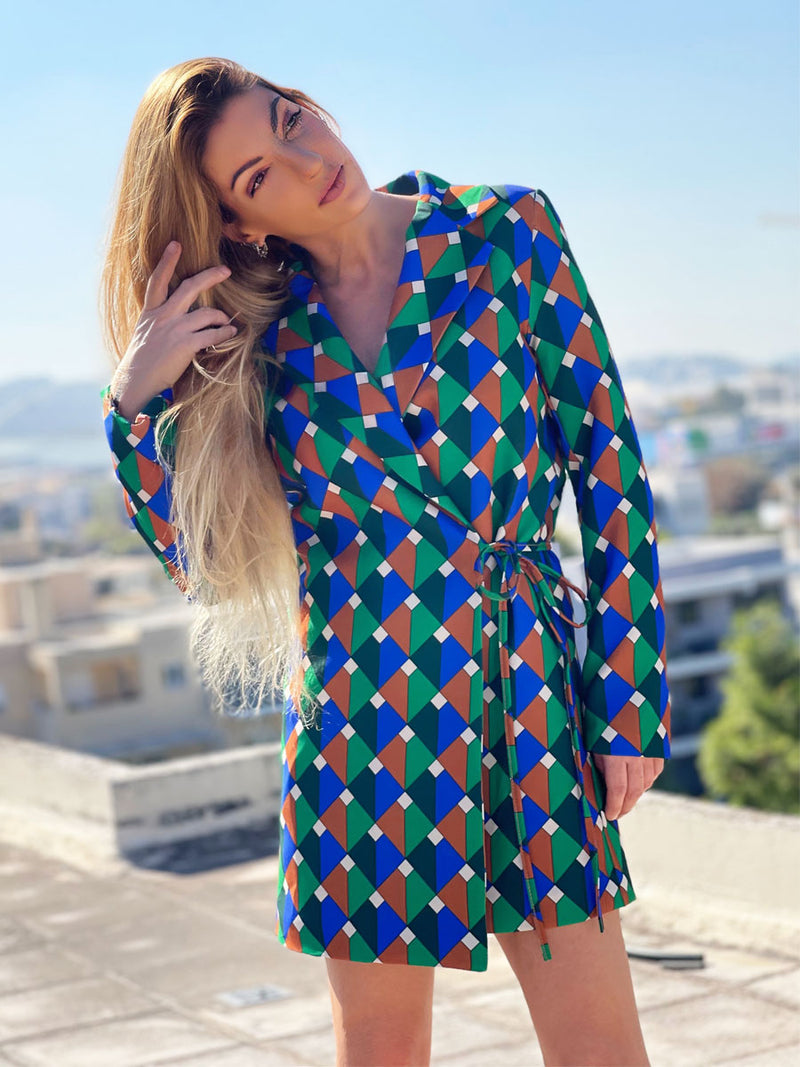 Φόρεμα- Σακάκι 60's Κρουαζέ Γεωμετρικό Multicolor Πράσινο με Βάτες