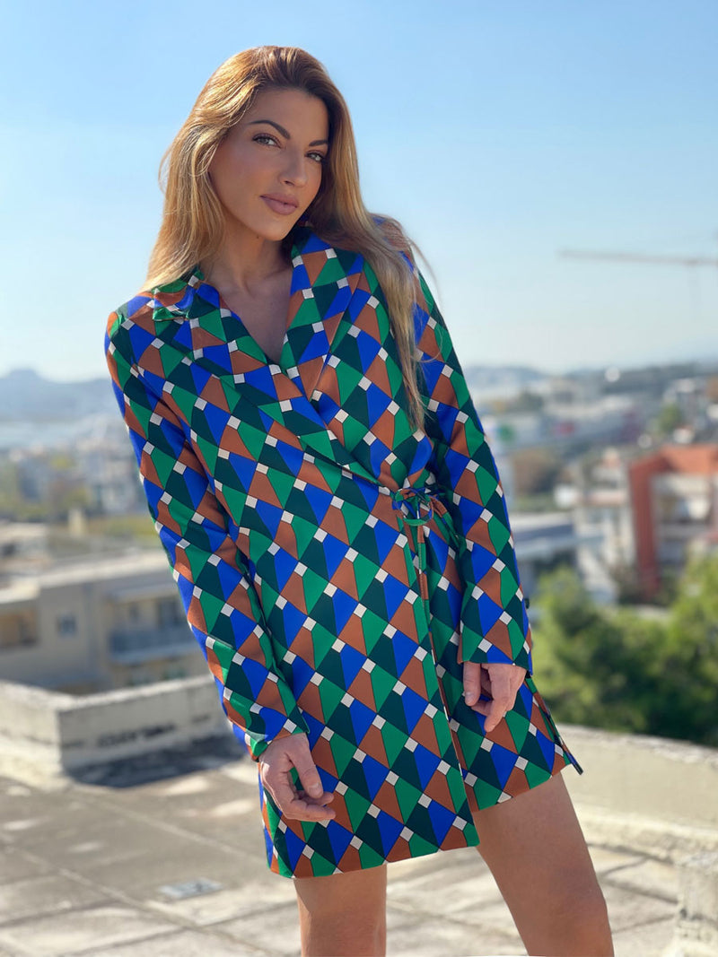Φόρεμα- Σακάκι 60's Κρουαζέ Γεωμετρικό Multicolor Πράσινο με Βάτες