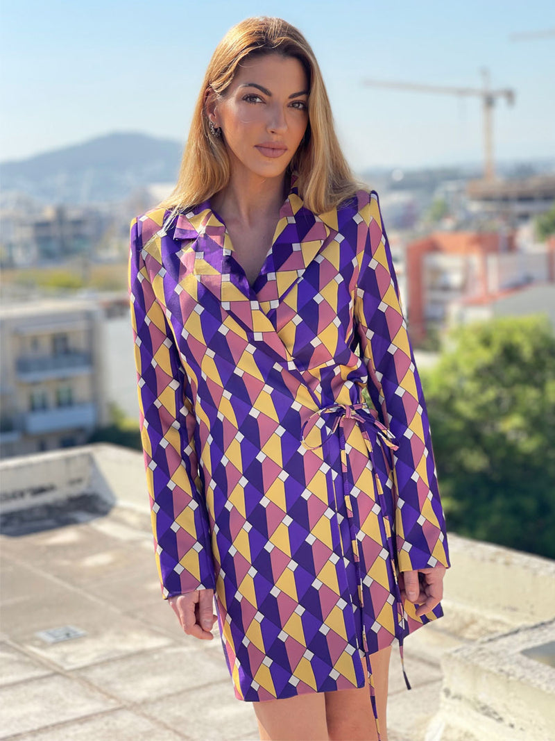 Φόρεμα- Σακάκι 60's Κρουαζέ Γεωμετρικό Multicolor Μωβ με Βάτες