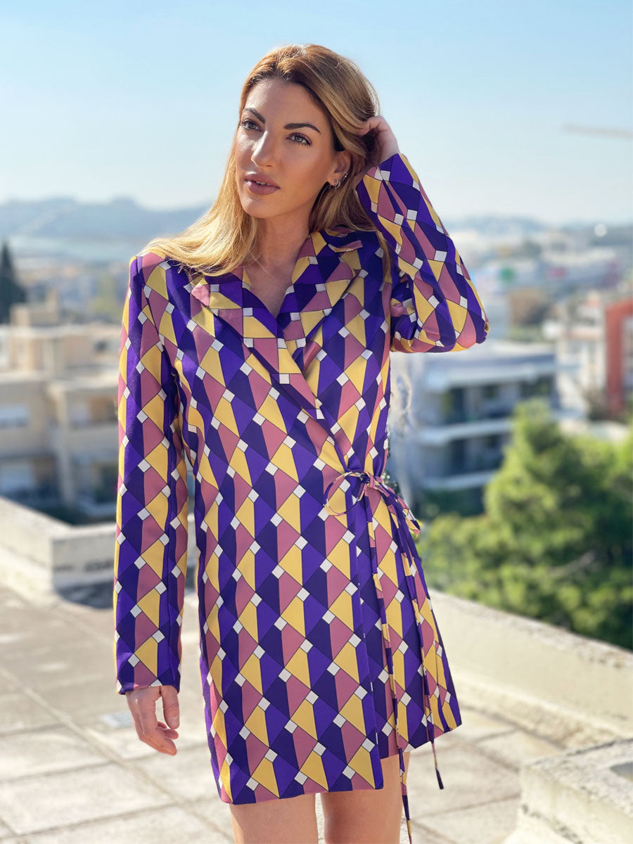 Φόρεμα- Σακάκι 60's Κρουαζέ Γεωμετρικό Multicolor Μωβ με Βάτες