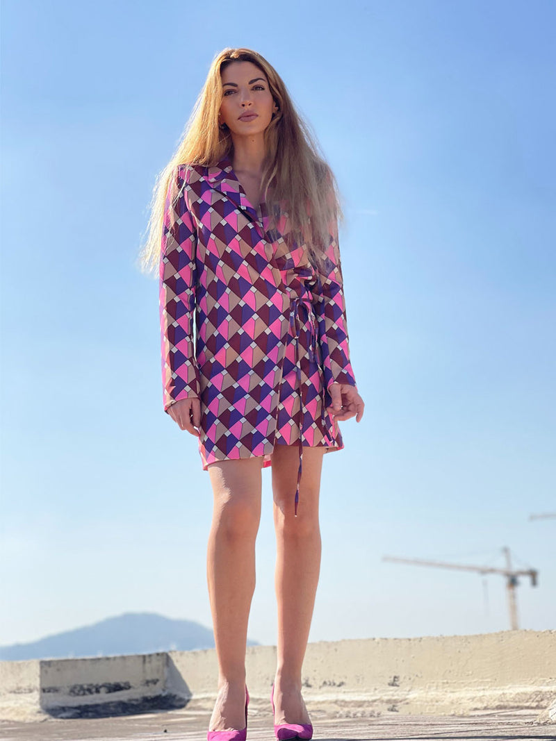 Φόρεμα- Σακάκι 60's Κρουαζέ Γεωμετρικό Multicolor Ροζ με Βάτες