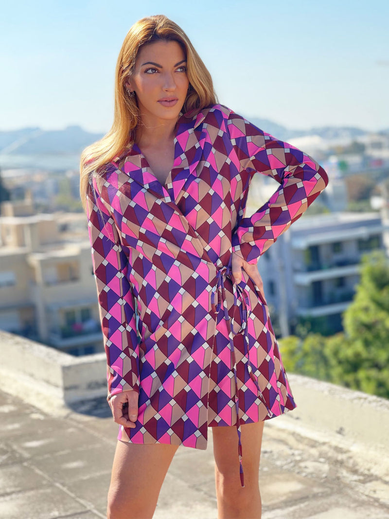 Φόρεμα- Σακάκι 60's Κρουαζέ Γεωμετρικό Multicolor Ροζ με Βάτες