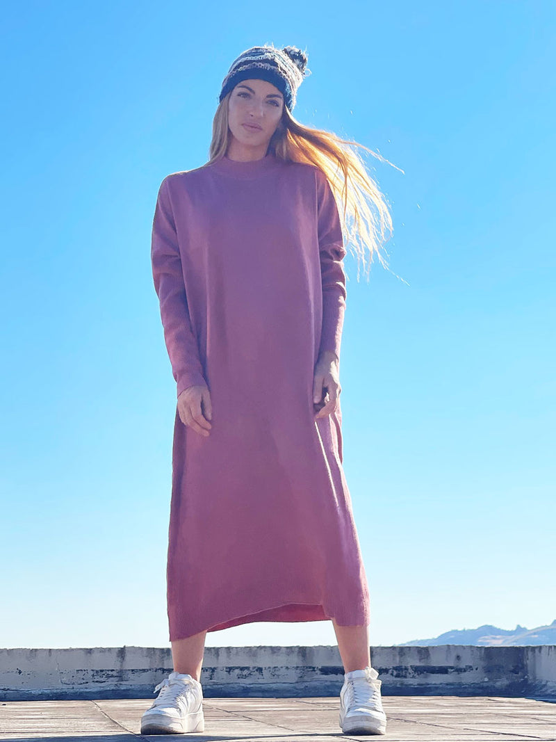 Μακρυμάνικο Πλεκτό Maxi Φόρεμα Oversized Dusty Pink