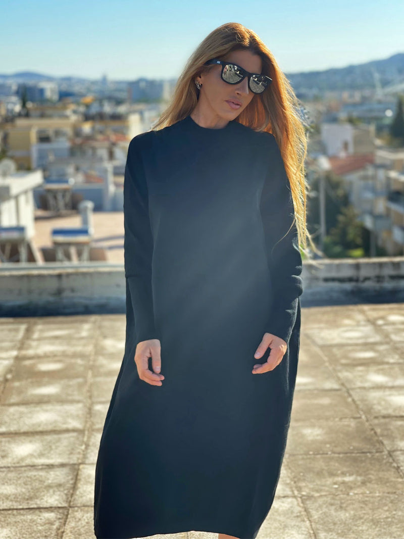 Μακρυμάνικο Πλεκτό Maxi Φόρεμα Oversized Μαύρο