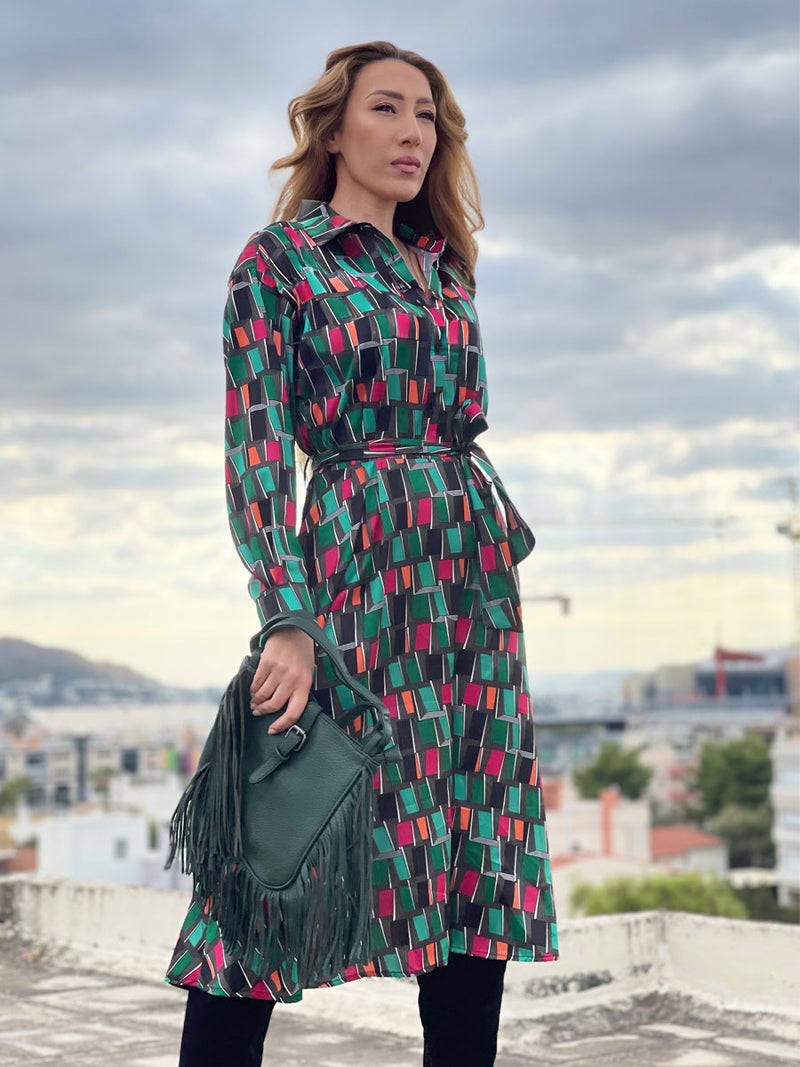 Maxi Φόρεμα Γεωμετρικό Multicolor Πράσινο