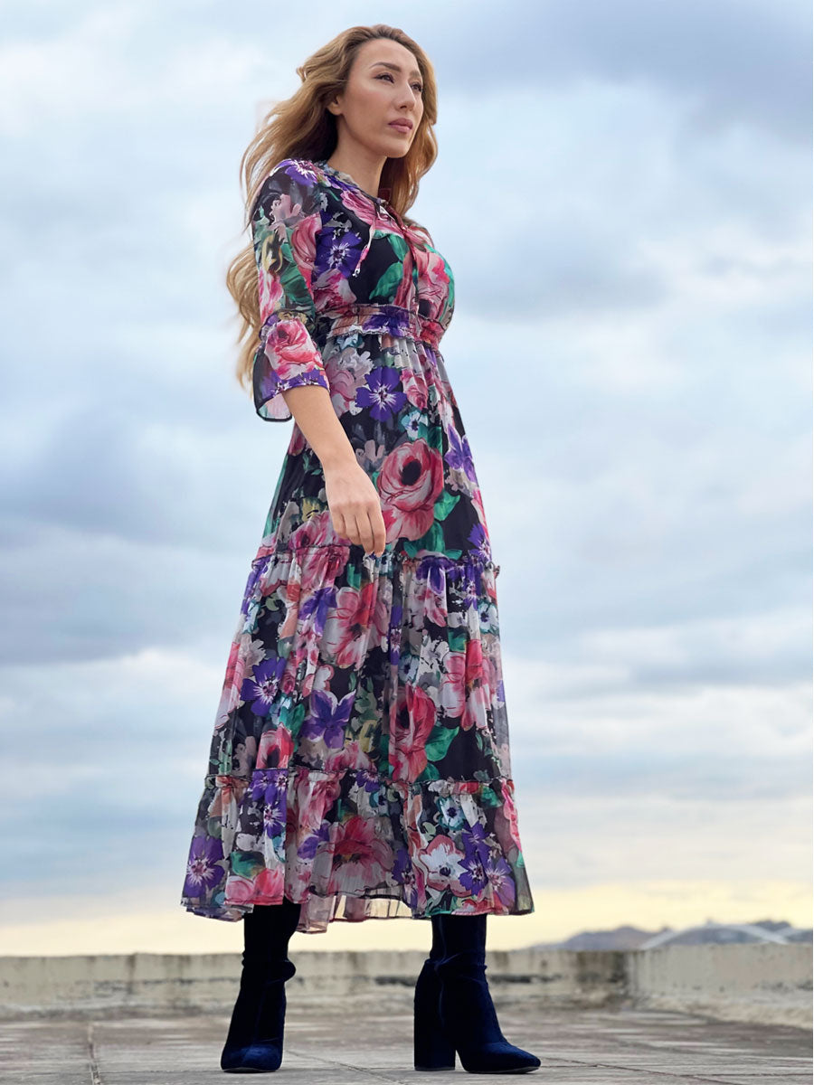 Μακρυμάνικο Maxi Φόρεμα Floral Multicolor