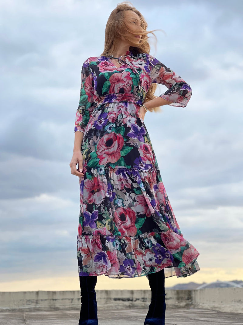 Μακρυμάνικο Maxi Φόρεμα Floral Multicolor