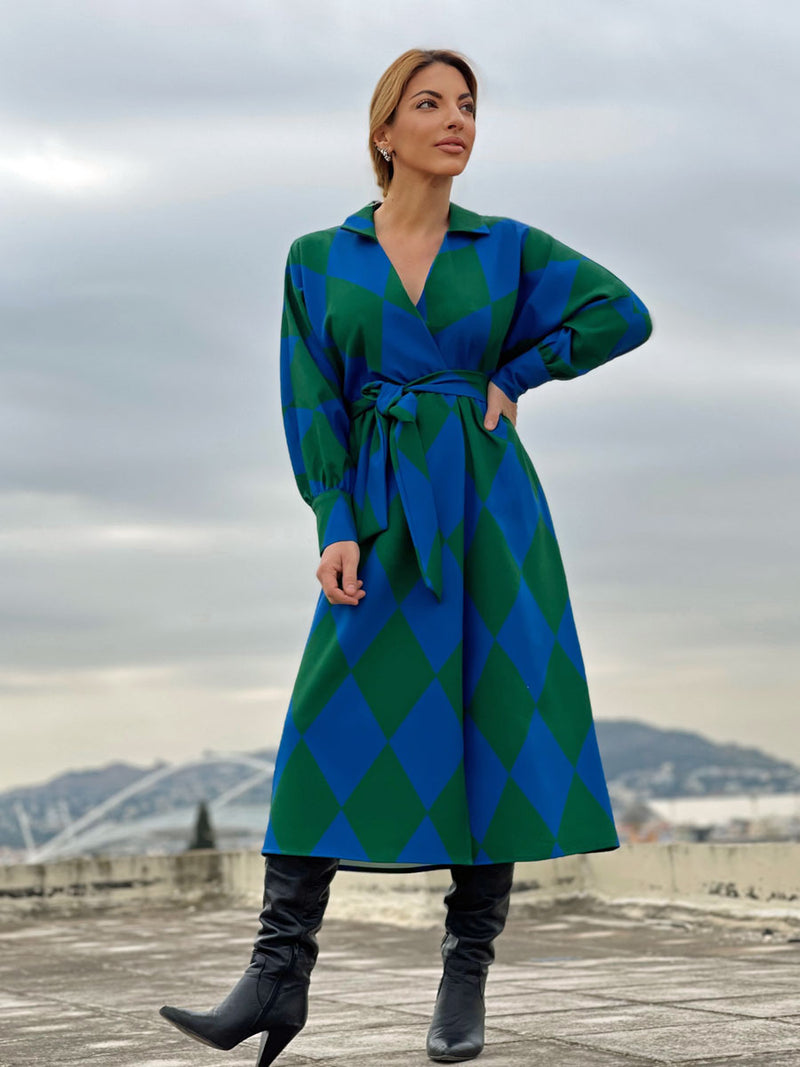 Maxi Φόρεμα με Σκίσιμο και Γεωμετρικό Print Πράσινο-Μπλε