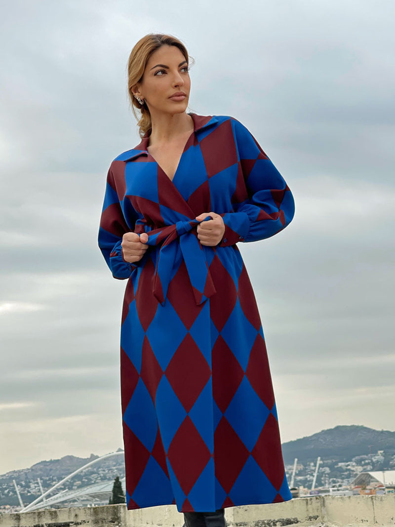 Maxi Φόρεμα με Σκίσιμο και Γεωμετρικό Print Καφε-Μπλε