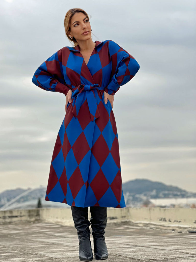 Maxi Φόρεμα με Σκίσιμο και Γεωμετρικό Print Καφε-Μπλε
