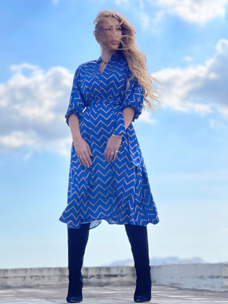Maxi Φόρεμα Γεωμετρικό Μπλε-Χρυσό