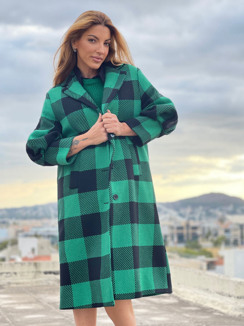 Overcoat Παλτό με Φουσκωτά Μανίκια 3/4 Καρο Πράσινο-Μαύρο