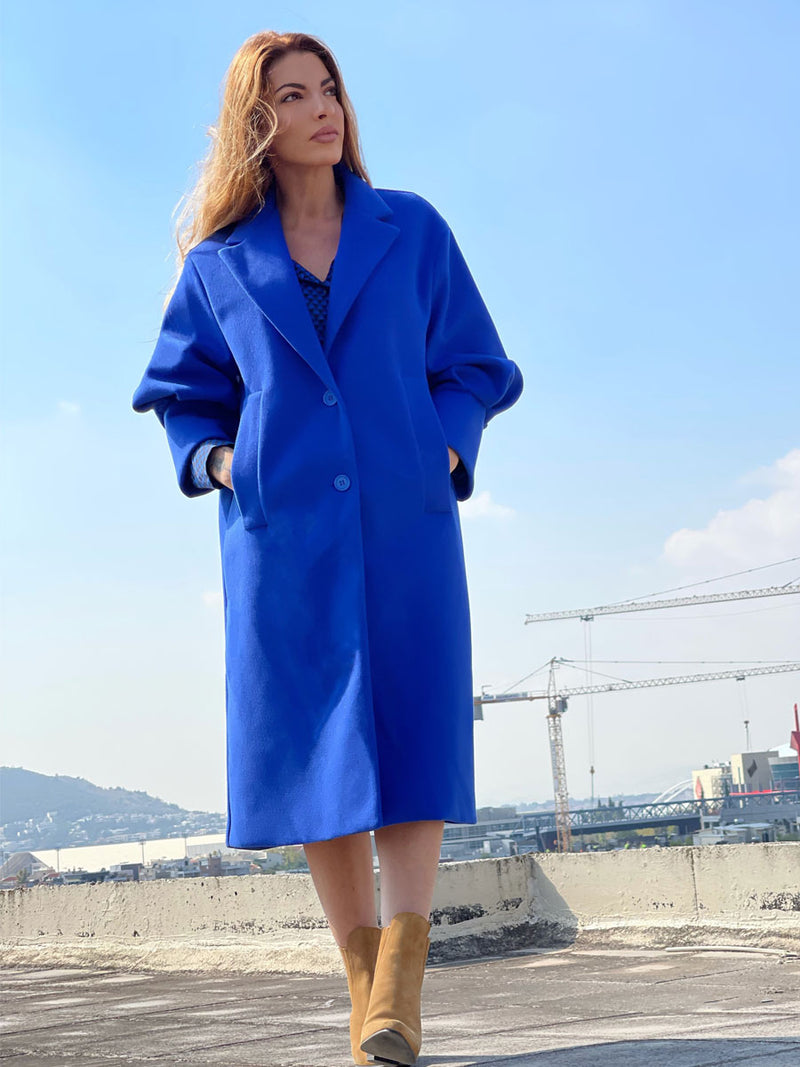 Overcoat Παλτό με Φουσκωτά Μανίκια Μονόχρωμο Μπλε Ρουά