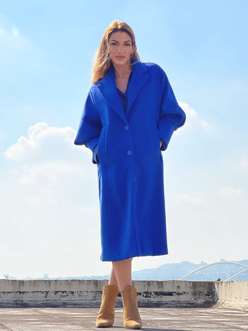 Overcoat Παλτό με Φουσκωτά Μανίκια Μονόχρωμο Μπλε Ρουά