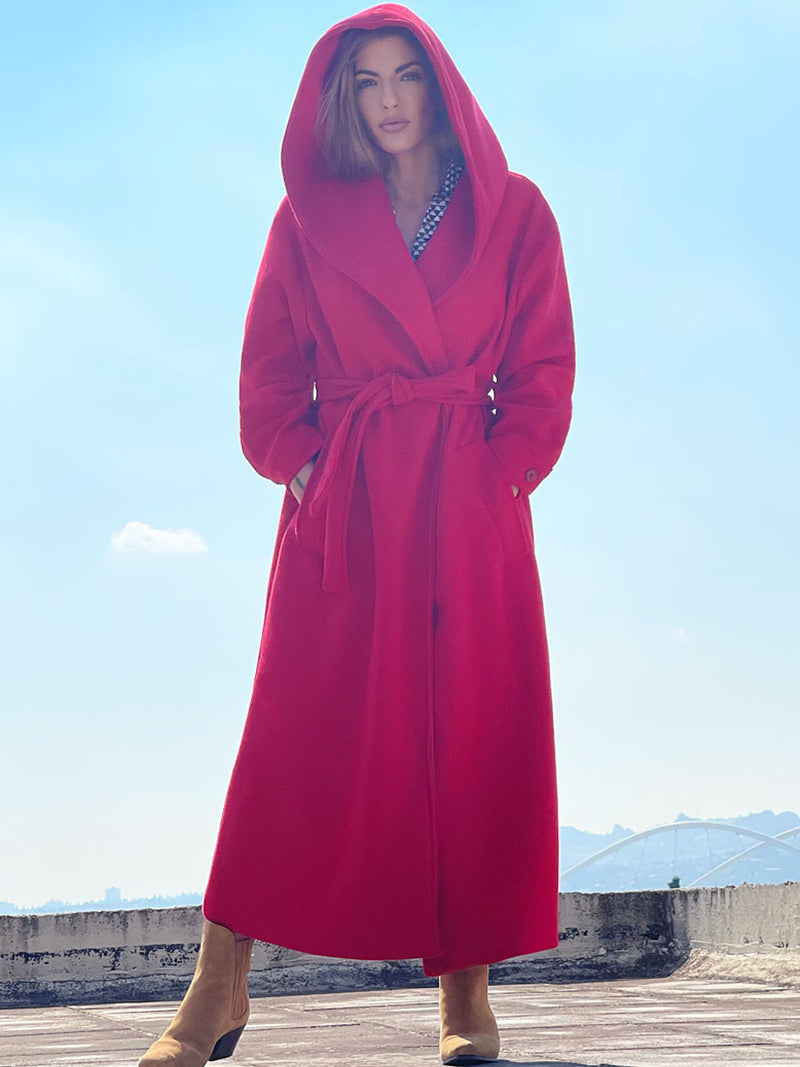 Overcoat Παλτό σε Oversized Γραμμή Μονόχρωμο με Κουκούλα Κόκκινο