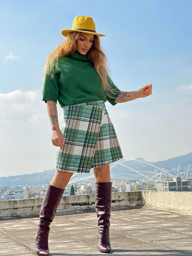 Καρό Mini Φούστα Ασύμμετρη Πράσινη-Ιβουάρ