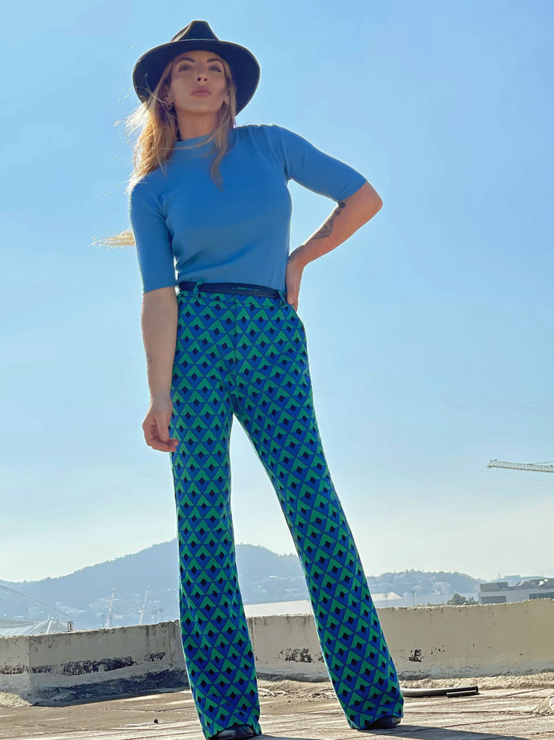 60's Παντελόνι- Καμπάνα Υφασμάτινο Γεωμετρικό Μπλε-Πράσινο