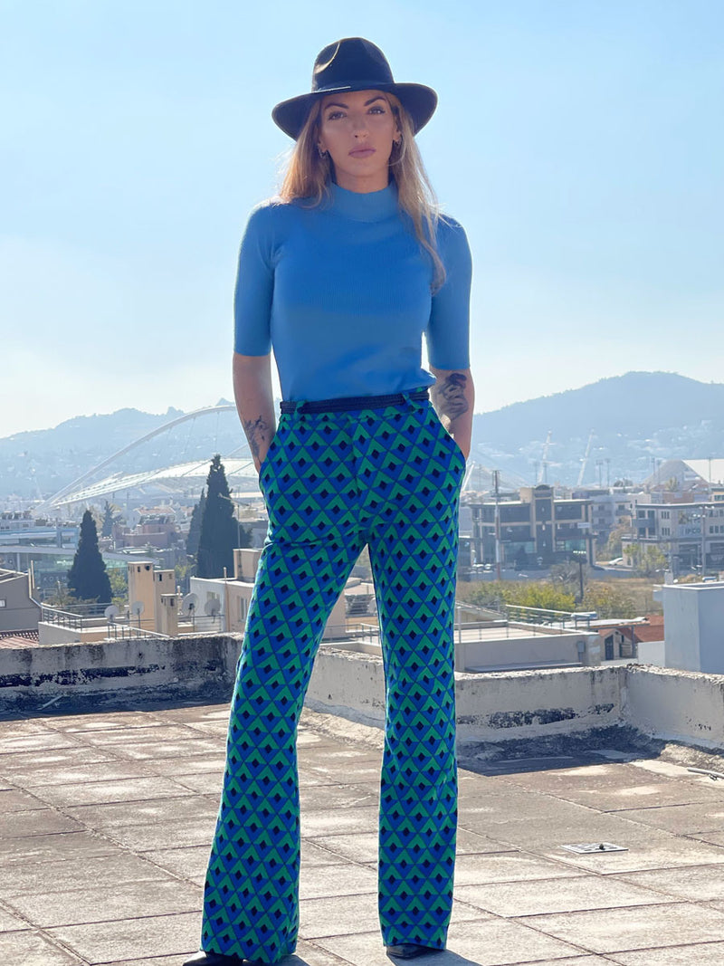 60's Παντελόνι- Καμπάνα Υφασμάτινο Γεωμετρικό Μπλε-Πράσινο