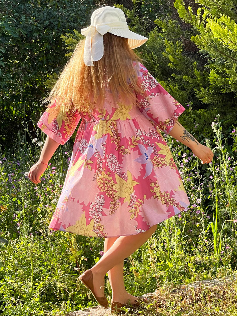 Φόρεμα Mini Floral Κοντομάνικο Ροζ Εβαζε