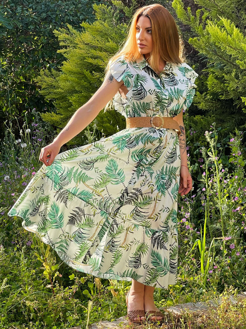 Φόρεμα Maxi Λευκό με Πράσινο Floral Print