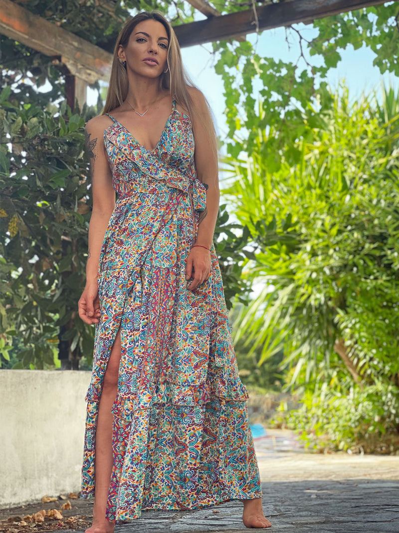Φόρεμα Maxi Wrap Αμάνικο Multicolor