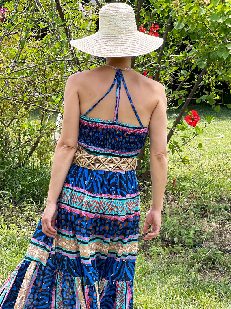 Φόρεμα Maxi Γεωμετρικό Με Τιράντες Multicolor Μπλε