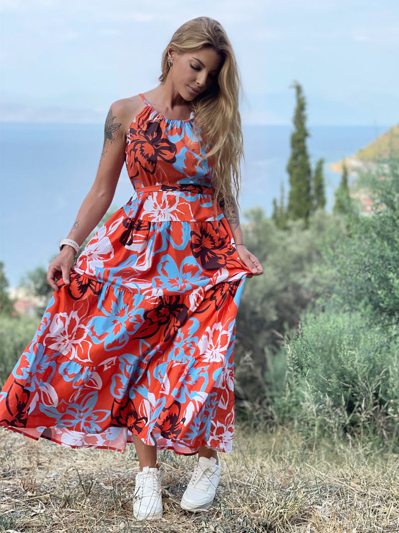 Φόρεμα Maxi Floral Αμάνικο Multicolor Πορτοκαλί