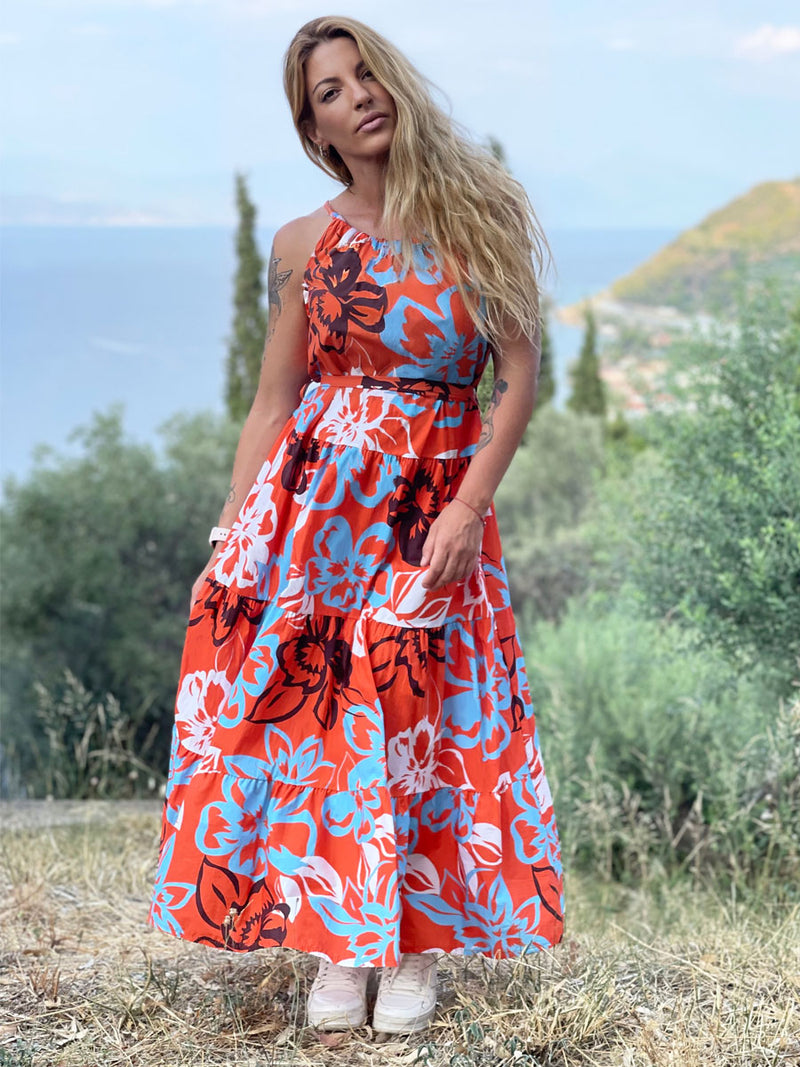 Φόρεμα Maxi Floral Αμάνικο Multicolor Πορτοκαλί