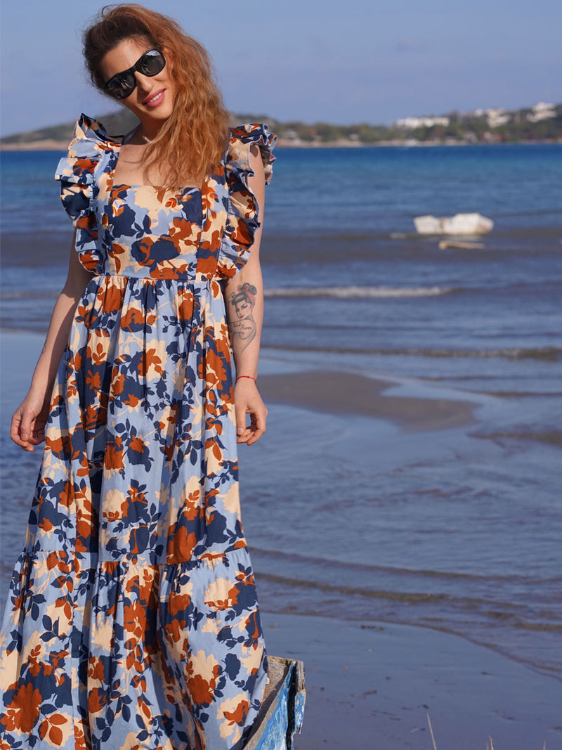 Φόρεμα Maxi Floral Αμάνικο Γαλάζιο με Ανοιχτή Πλάτη
