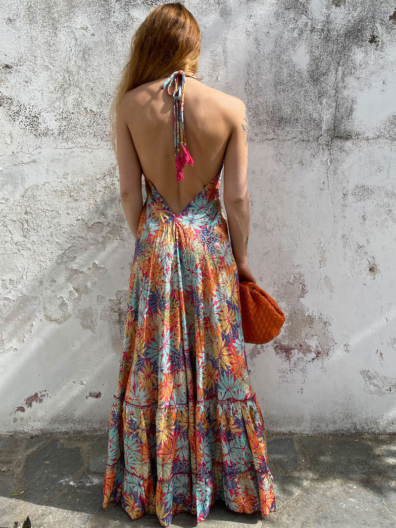 Φόρεμα Maxi Μεταλλιζέ Floral Multicolor με Ανοιχτή Πλάτη