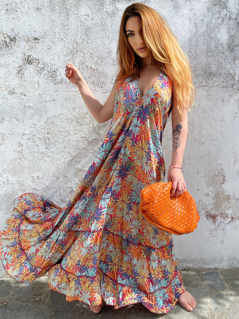 Φόρεμα Maxi Μεταλλιζέ Floral Multicolor με Ανοιχτή Πλάτη