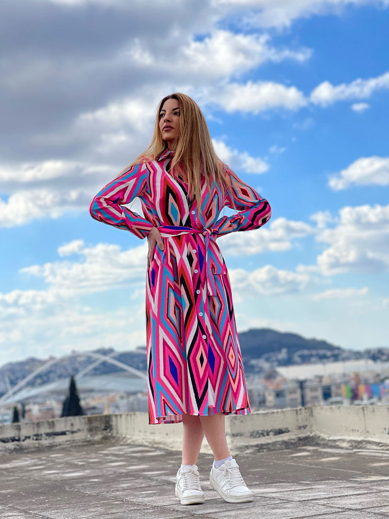 Maxi Φόρεμα Σεμιζιέ με Γεωμετρικό Multicolor Print Φούξια
