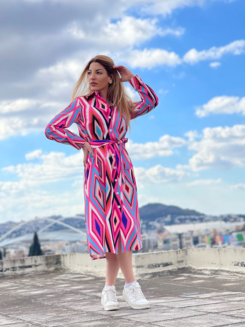 Maxi Φόρεμα Σεμιζιέ με Γεωμετρικό Multicolor Print Φούξια