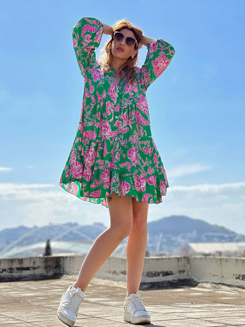 Μακρυμάνικο Mini Φόρεμα-Σεμιζιέ Floral Πράσινο
