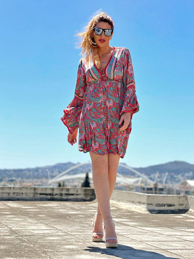 Μακρυμάνικο 70's Mini Φόρεμα Floral Multicolor Κοραλί