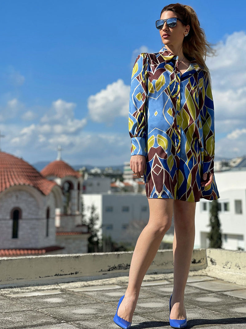 Μακρυμάνικο Mini Εμπριμέ Φόρεμα Σεμιζιέ- Oversized Πουκάμισο
