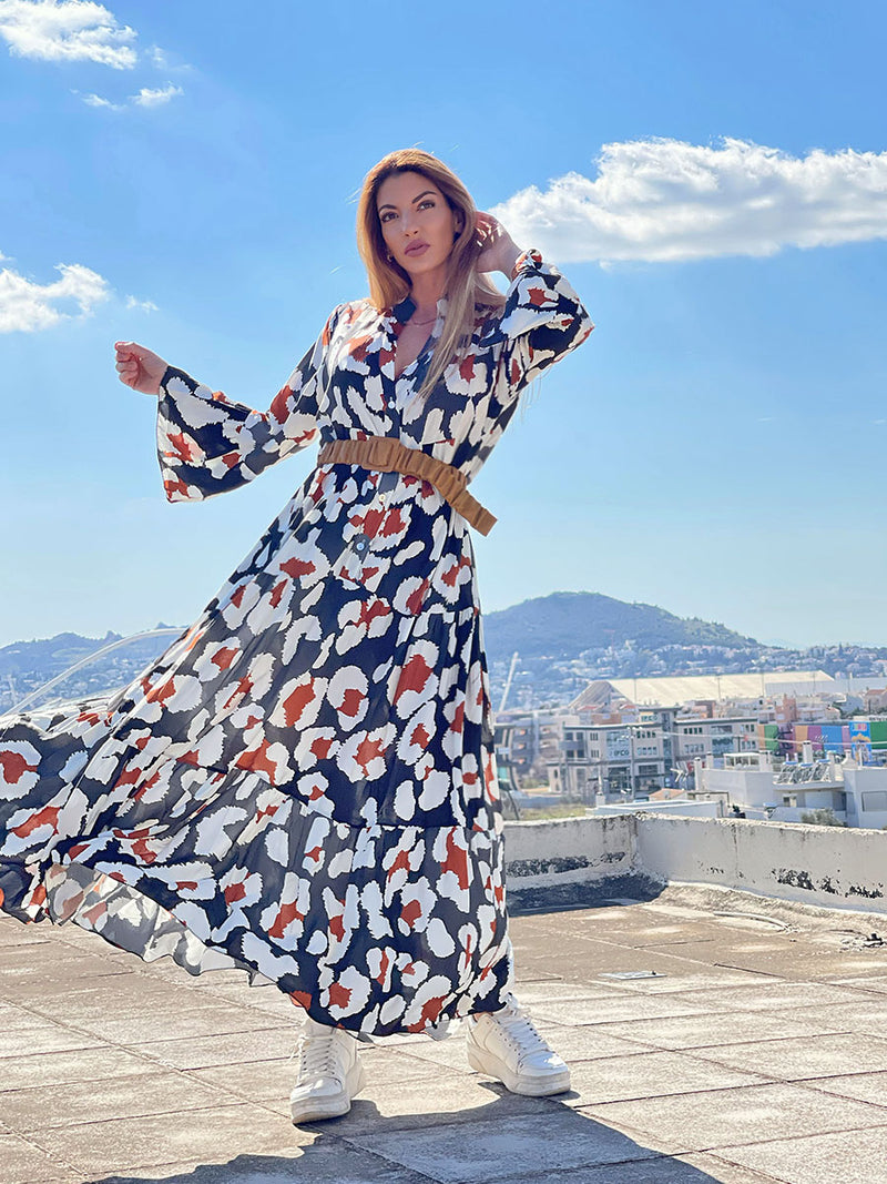 Μακρυμάνικο Maxi Φόρεμα Boho Εμπριμέ