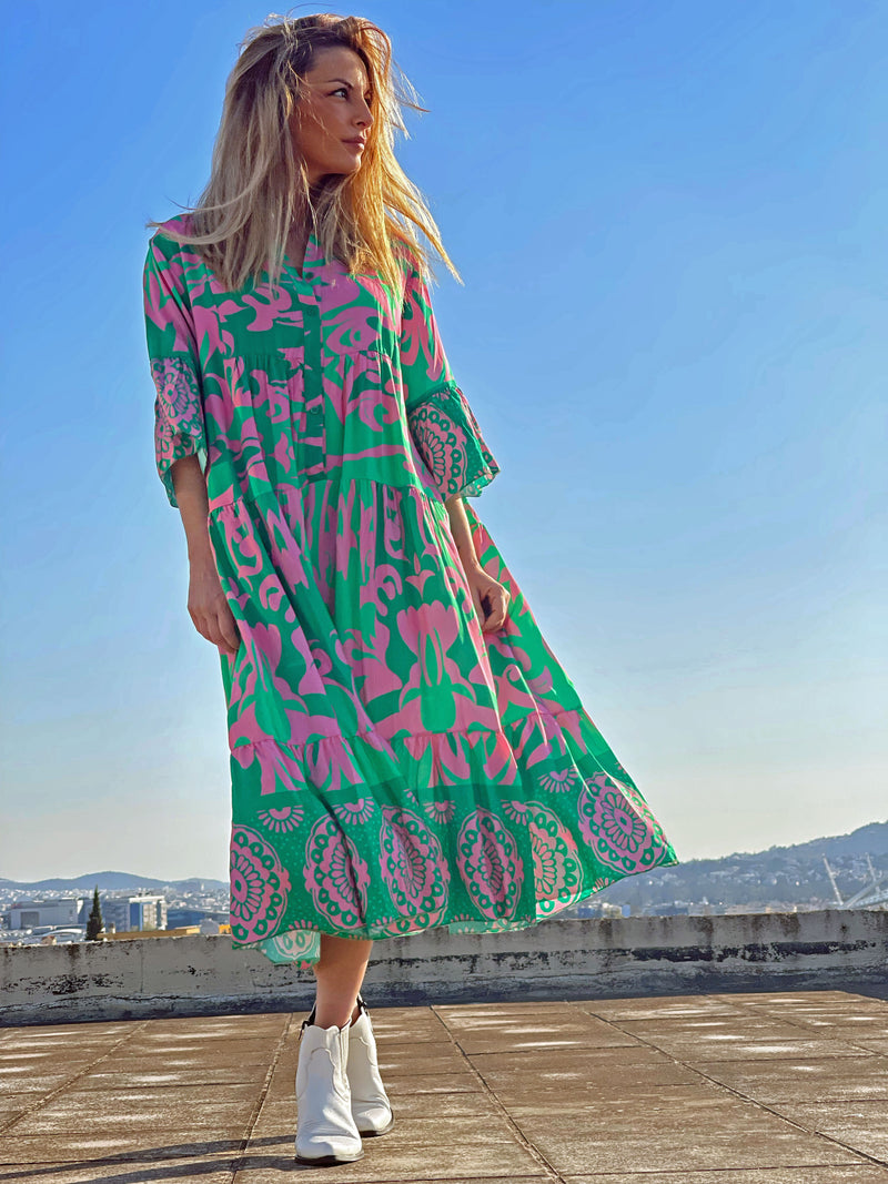 Μακρυμάνικο Maxi Φόρεμα Εμπριμέ Πράσινο-Ροζ