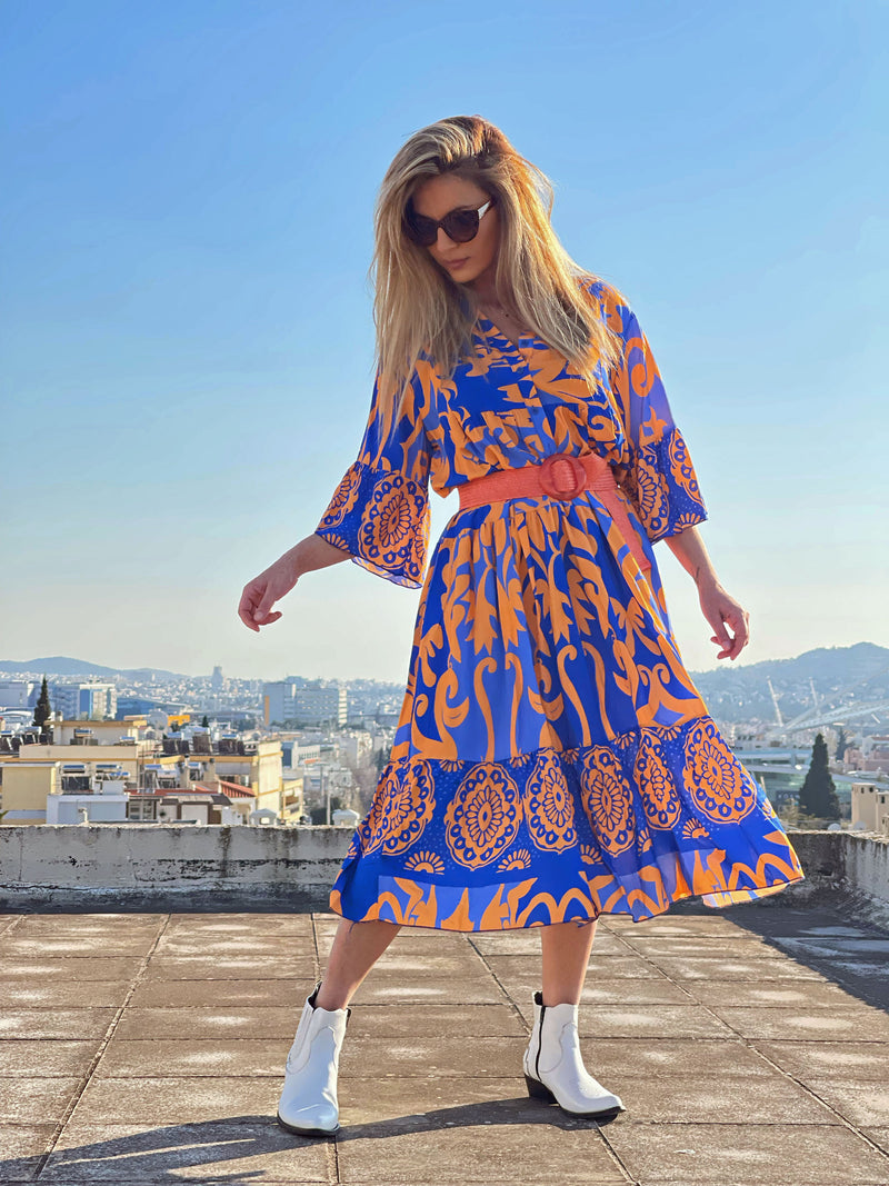 Μακρυμάνικο Maxi Φόρεμα Εμπριμέ Μπλε-Πορτοκαλί