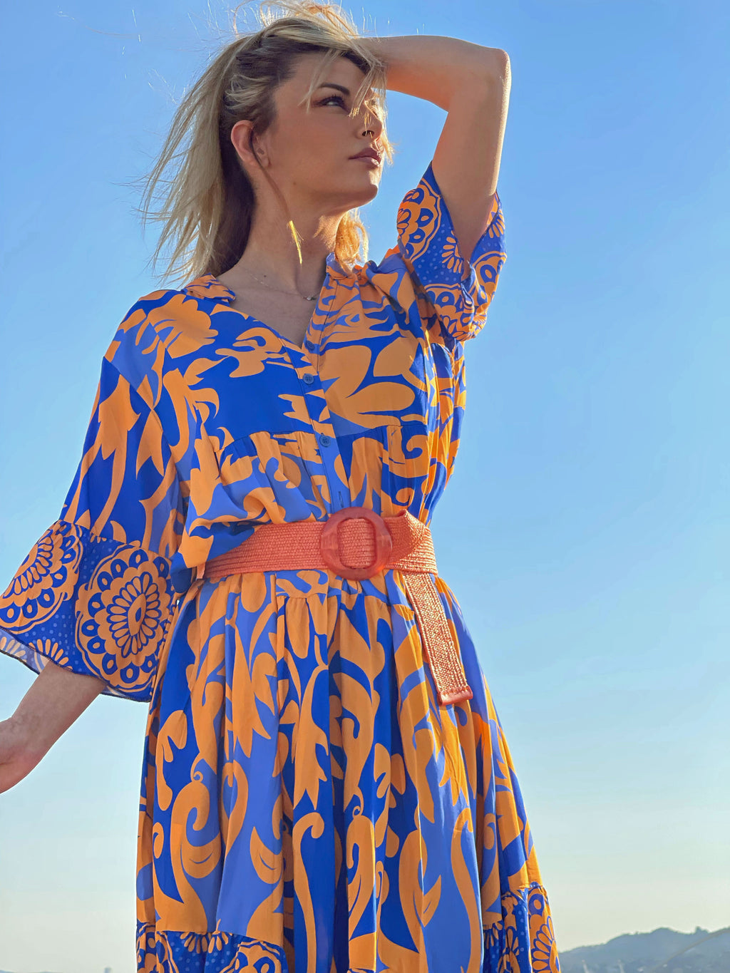 Μακρυμάνικο Maxi Φόρεμα Εμπριμέ Μπλε-Πορτοκαλί