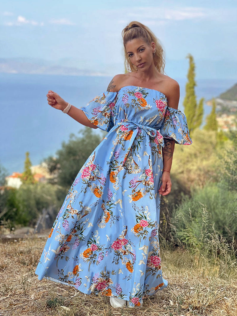 Φόρεμα Στραπλες Maxi Floral Γαλάζιο με Φουσκωτά Μανίκια